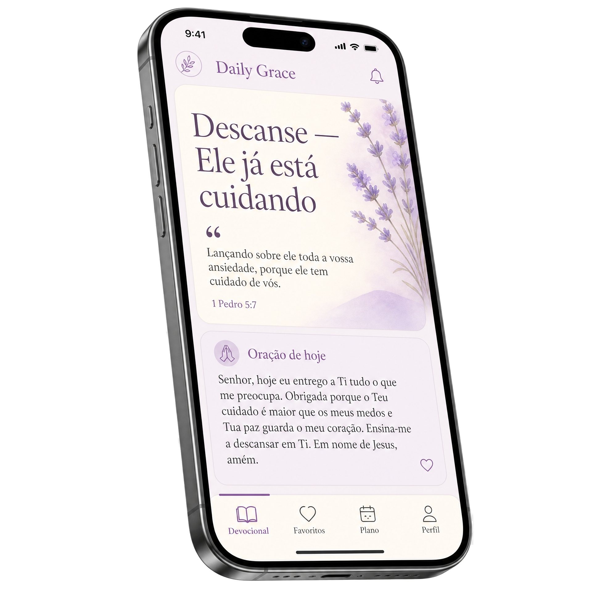 Celular mostrando a tela do app Daily Grace com o devocional do dia