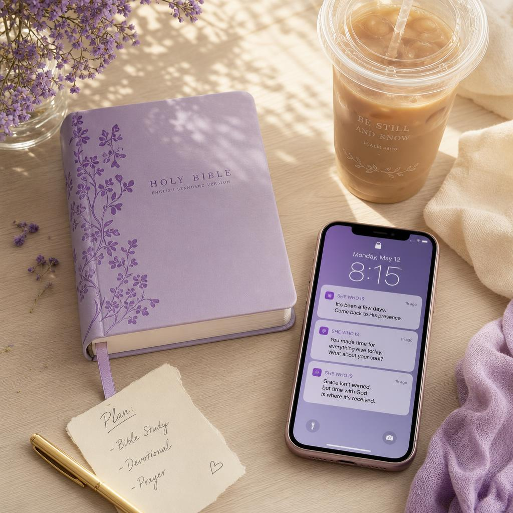 Bíblia lilás, celular com notificações de fé, café e flores - a rotina que deseja